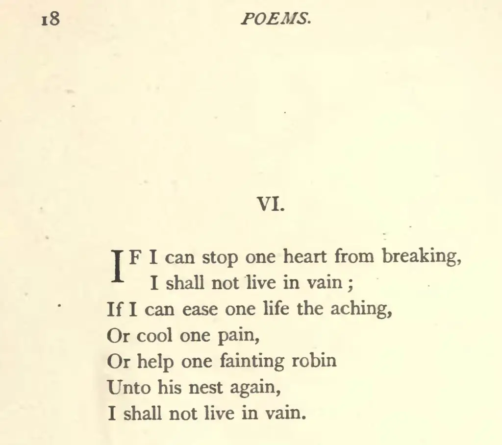 Full Text of "If I can stop one Heart from breaking" by Emily Dickinson from Poems (1890) Full Text of If I can stop one Heart from breaking by Emily Dickinson from Poems (1890)